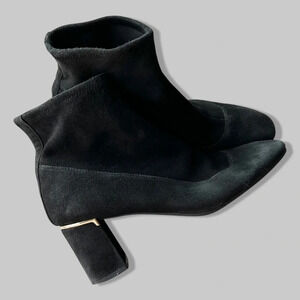 Cole Haan Laree Stretch Black Suede Sock Booties  with Gold Bar
